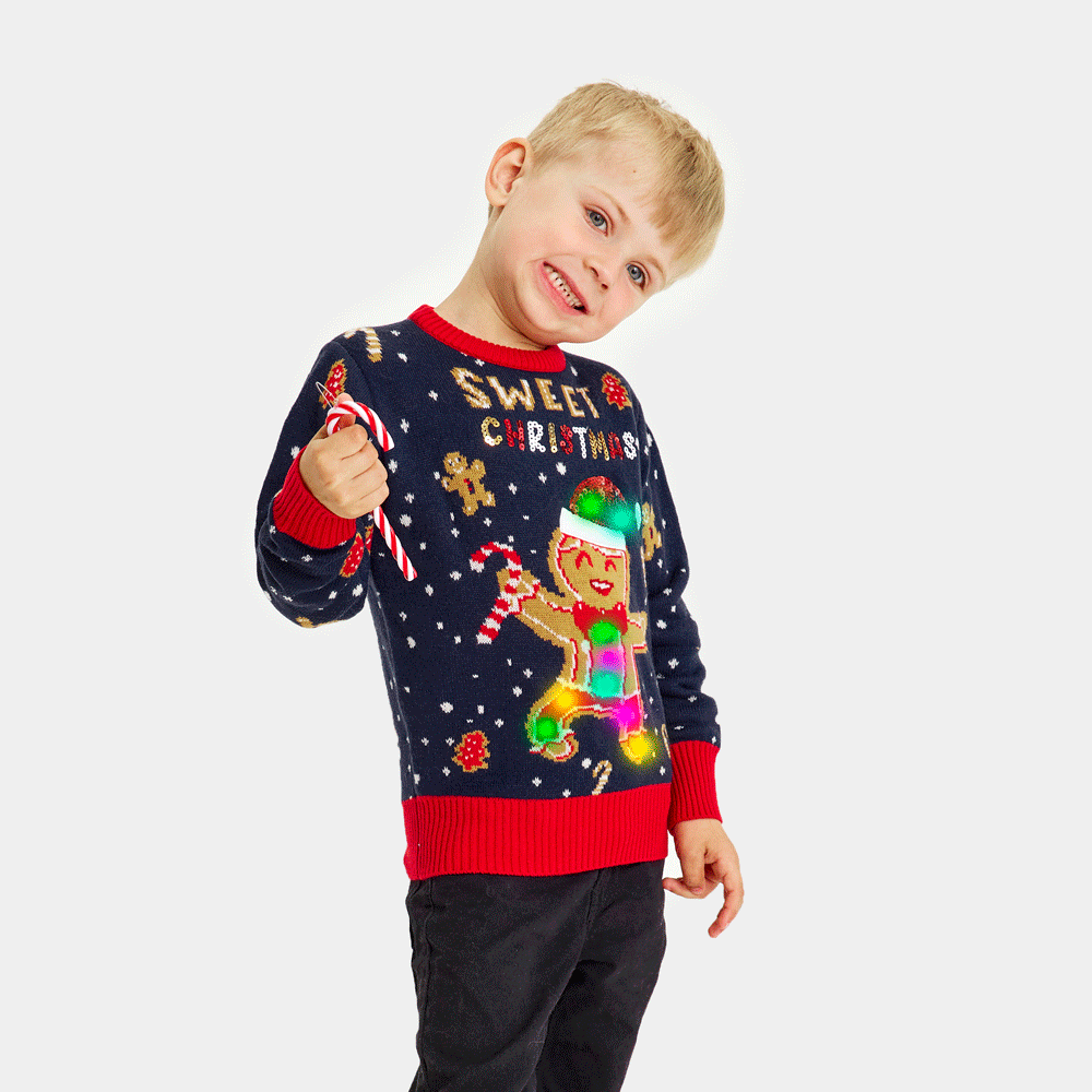 Niebieski Rodzinny Sweter Świąteczny z Lampkami LED Ginger Cookie chlopiec