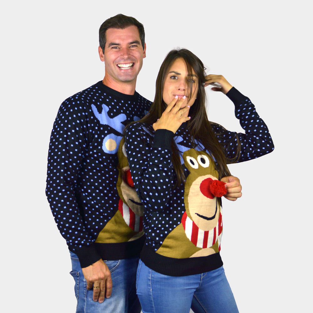 Niebieski Rodzinny Sweter Świąteczny z Rudolf Czerwononosy Renifer 3D pary