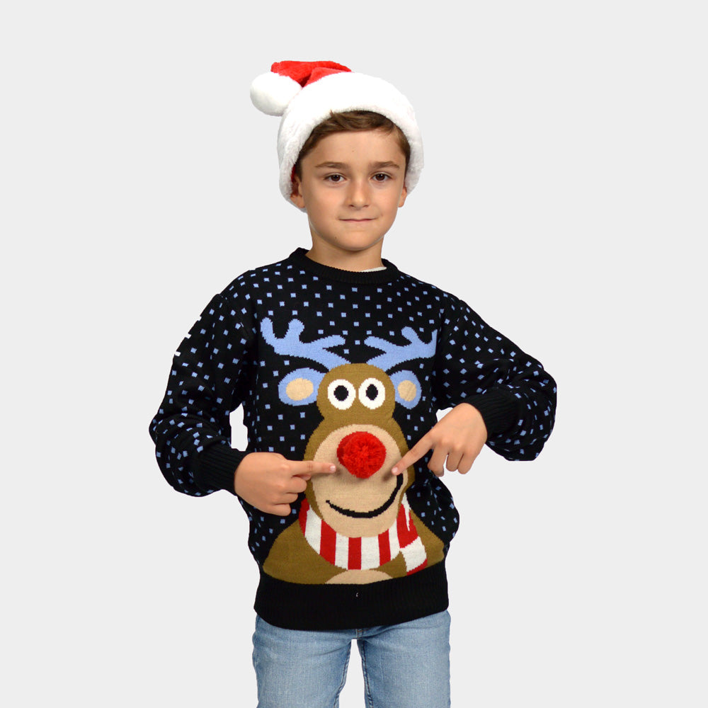Niebieski Sweter Świąteczny dla Dzieci Rudolf Czerwononosy Renifer 3D chlopiec