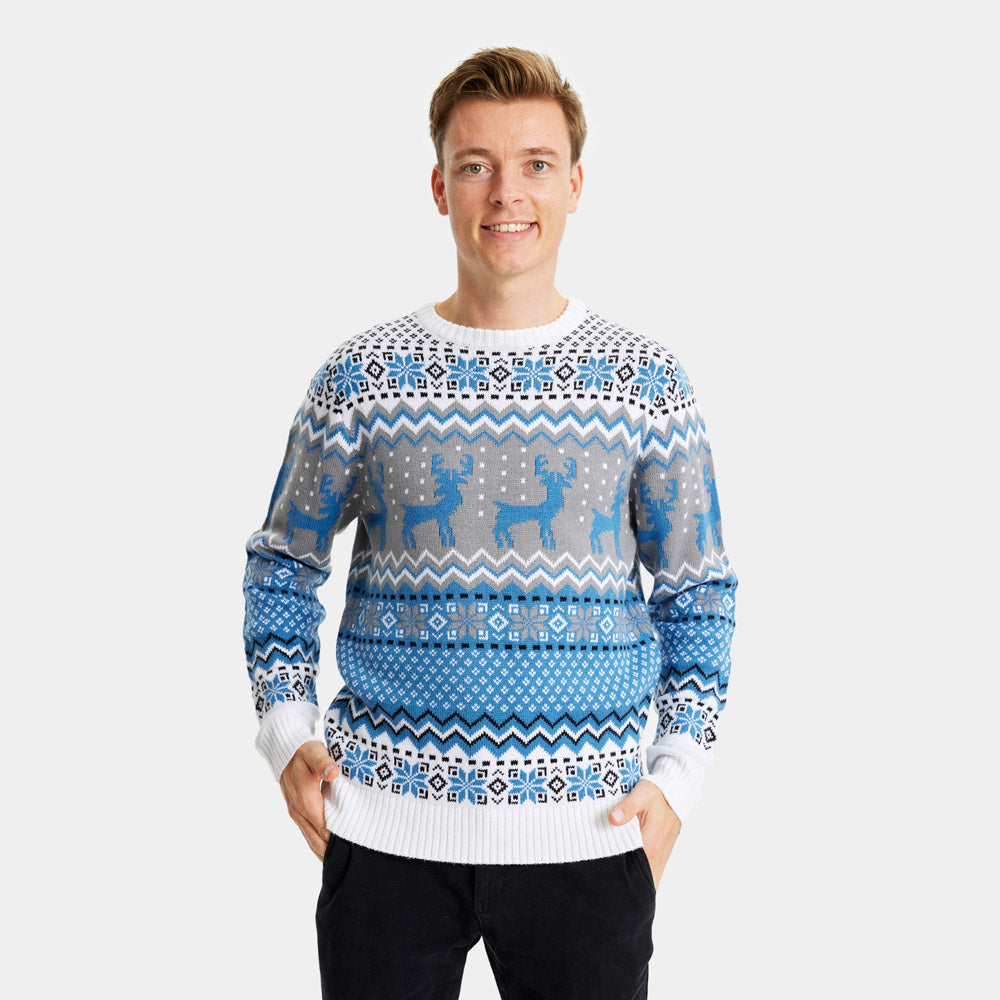 Niebieski Sweter Świąteczny Elegancki z Reniferami Meskie