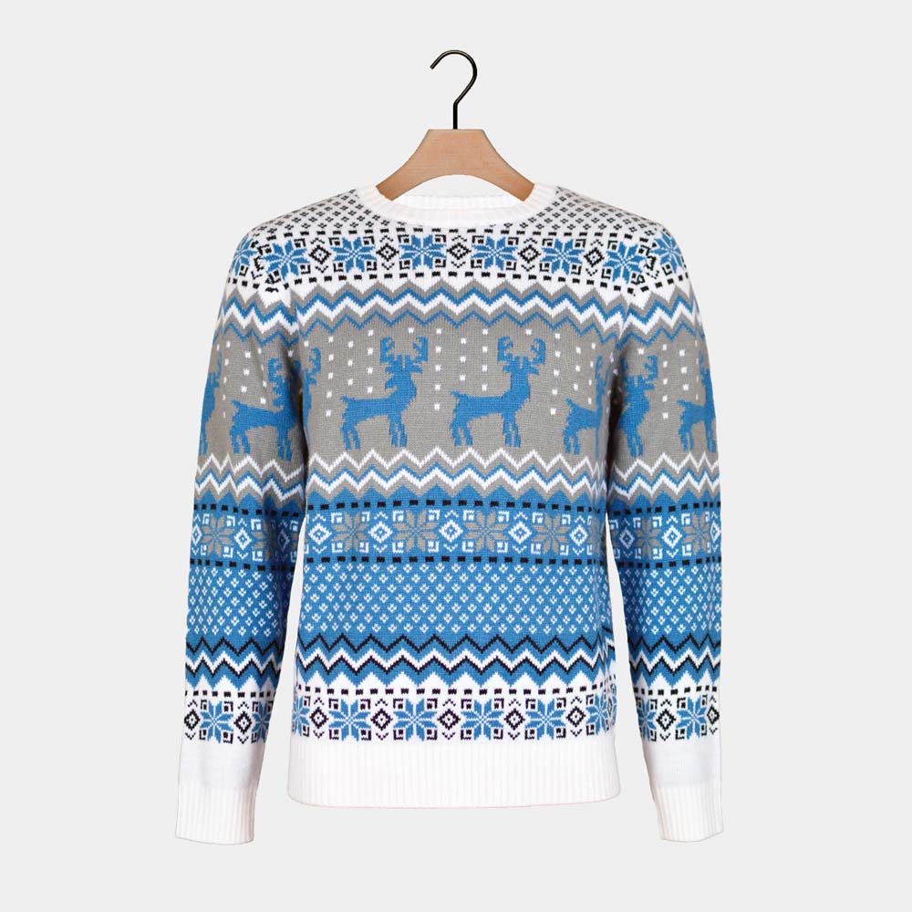 Niebieski Sweter Świąteczny Elegancki z Reniferami