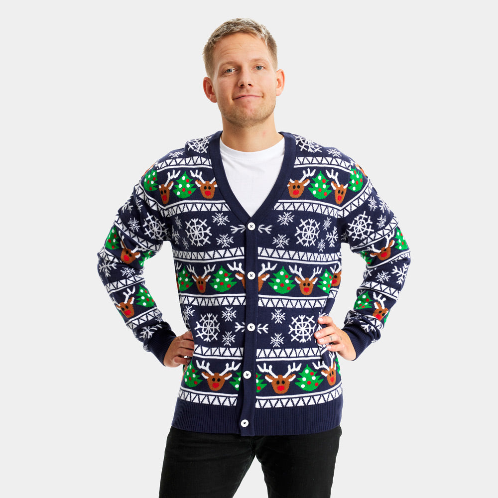 Niebieski Sweter Świąteczny Kardigan z Reniferami i Choinkami Meskie