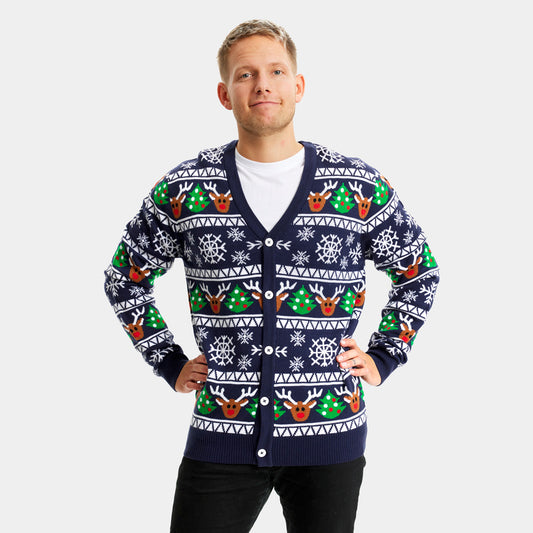Niebieski Sweter Świąteczny Kardigan z Reniferami i Choinkami Meskie