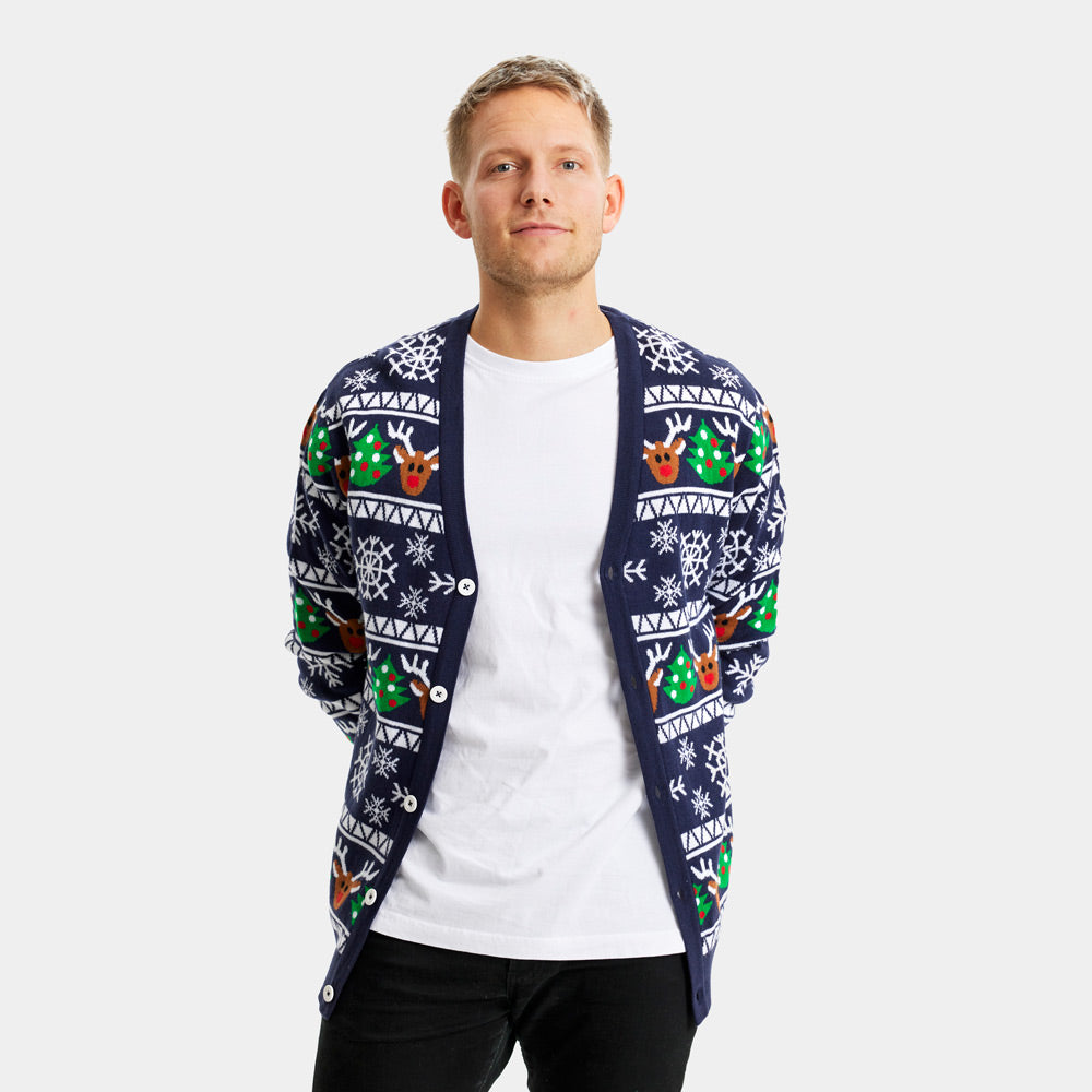 Niebieski Sweter Świąteczny Kardigan z Reniferami i Choinkami Meskie