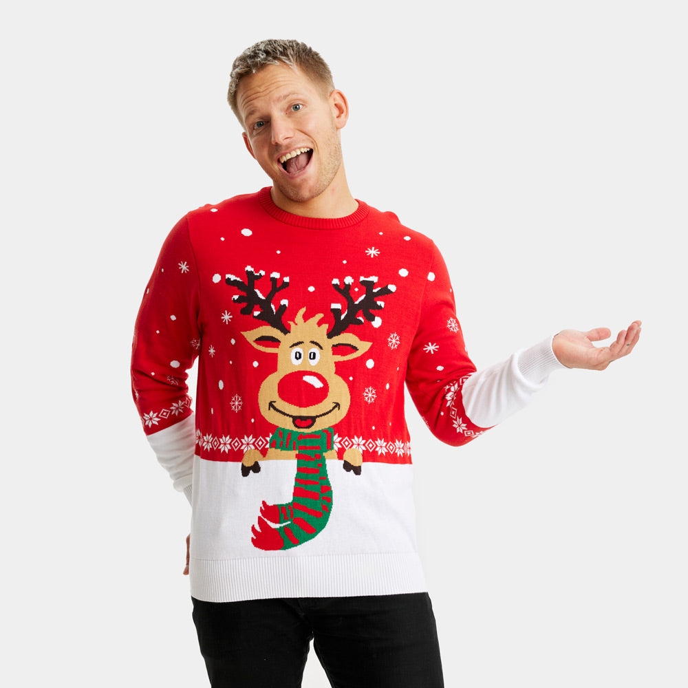 Rodzinny Sweter Świąteczny z Bawełny Organicznej z Reniferem z Szalikiem Meskie