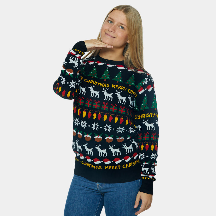 Rodzinny Sweter Świąteczny z Choinkami, Reniferami i Prezentami damskie