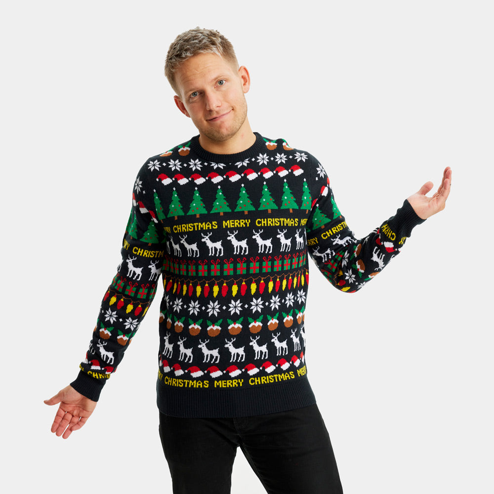Rodzinny Sweter Świąteczny z Choinkami, Reniferami i Prezentami meskie