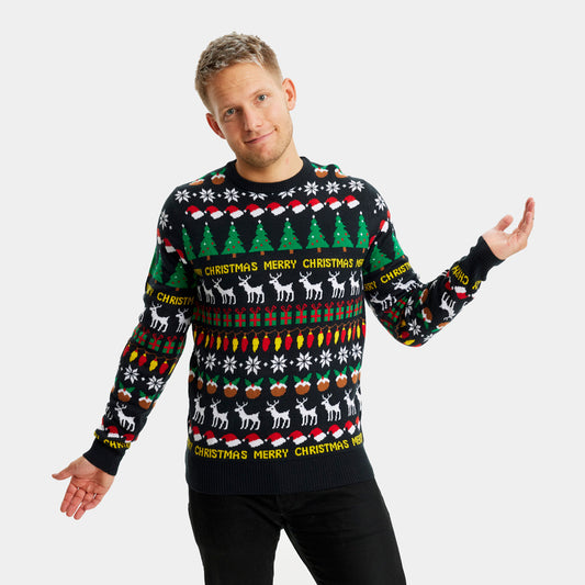 Rodzinny Sweter Świąteczny z Choinkami, Reniferami i Prezentami meskie