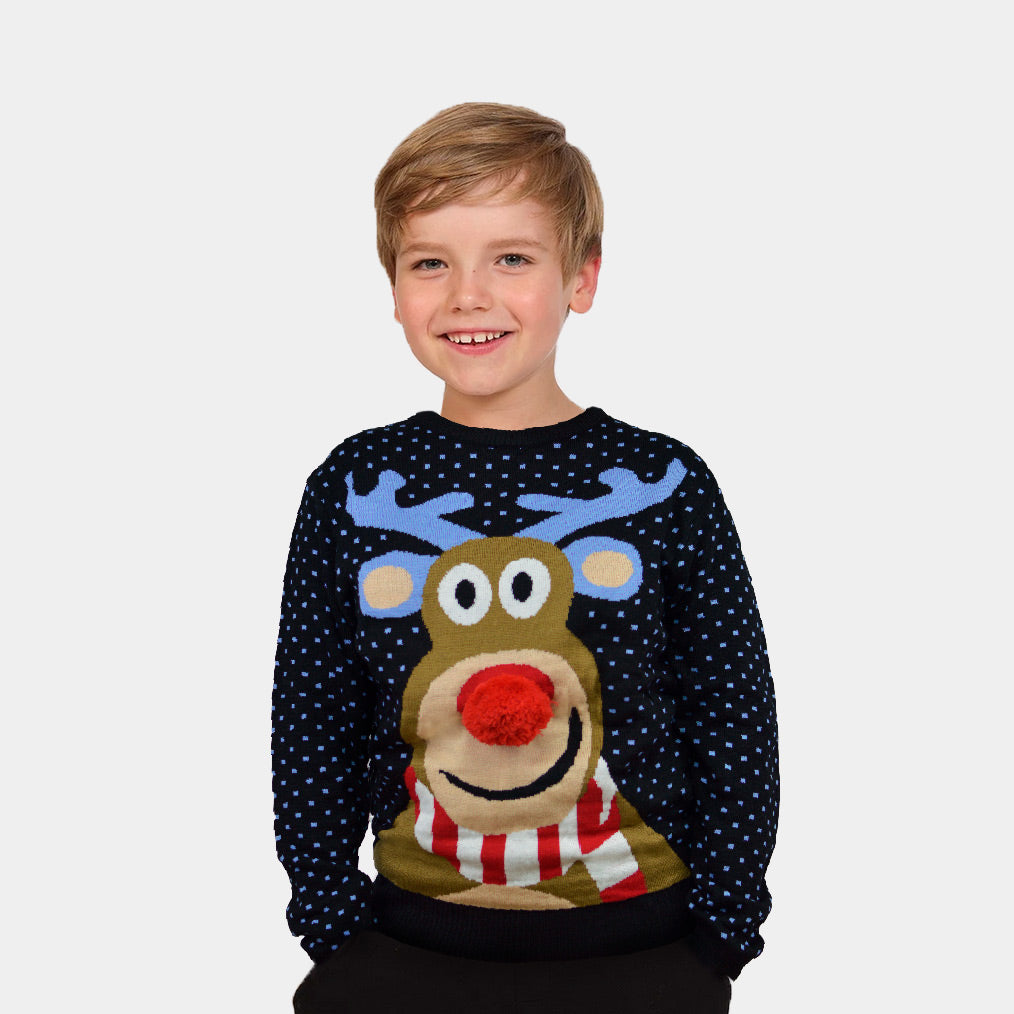 Niebieski Rodzinny Sweter Świąteczny z Rudolf Czerwononosy Renifer 3D dzieci