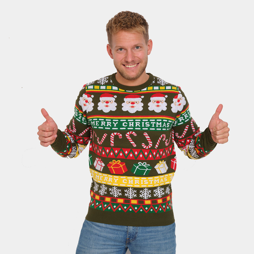 Zielony Rodzinny Sweter Świąteczny ze Świętym Mikołajem i Prezentami meskie