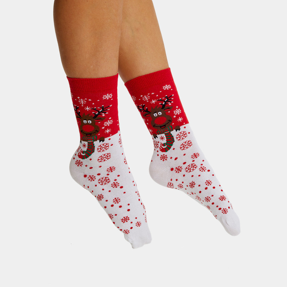 Czerwone Skarpetki Świąteczne Unisex z Reniferem z Szalikiem Damskie i Meskie