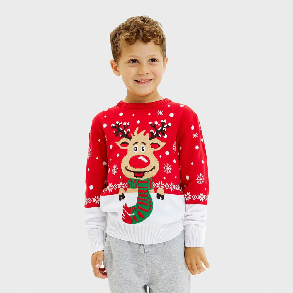 Sweter Świąteczny z Bawełny Organicznej dla Dzieci z Reniferem z Szalikiem Dzieci