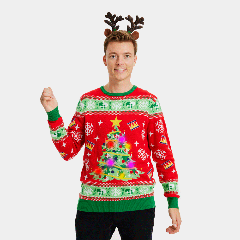 Sweter Świąteczny z Lampkami LED Czerwony z Choinką meskie