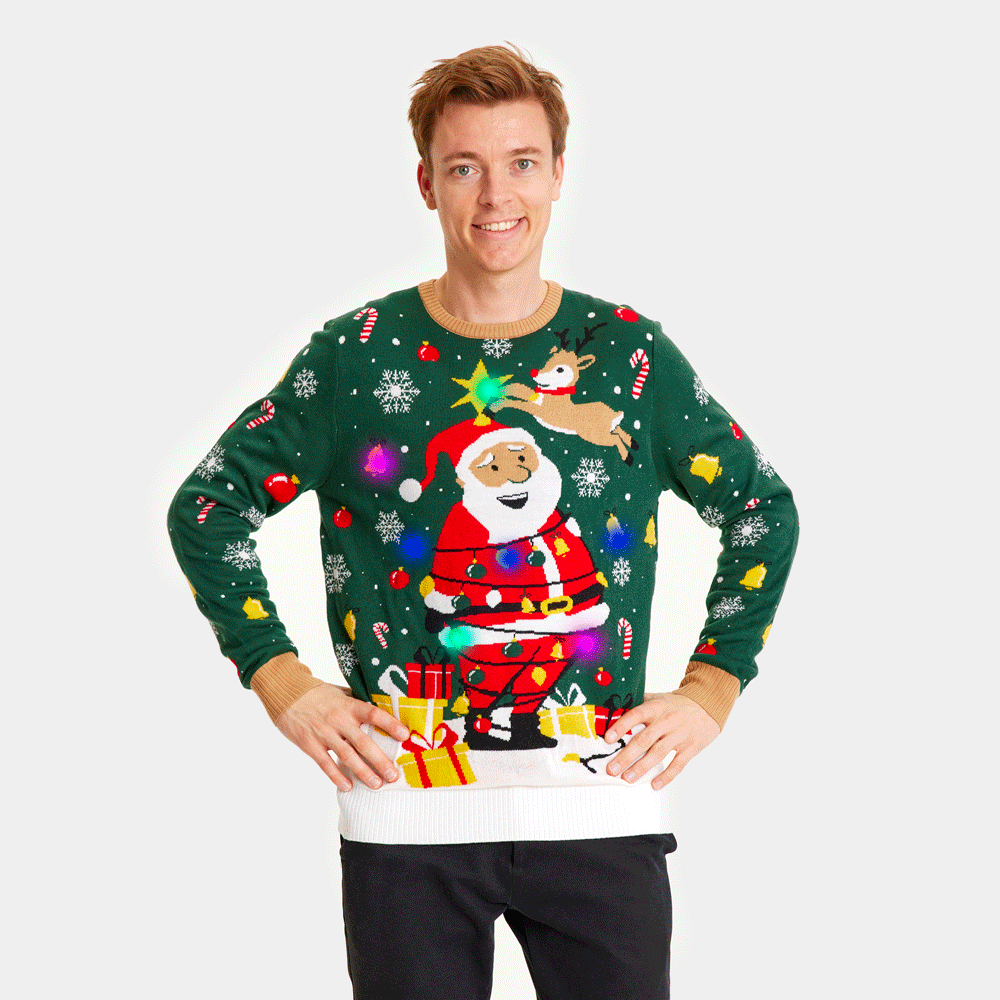 Sweter Świąteczny z Lampkami LED z Świętym Mikołajem związany Meskie