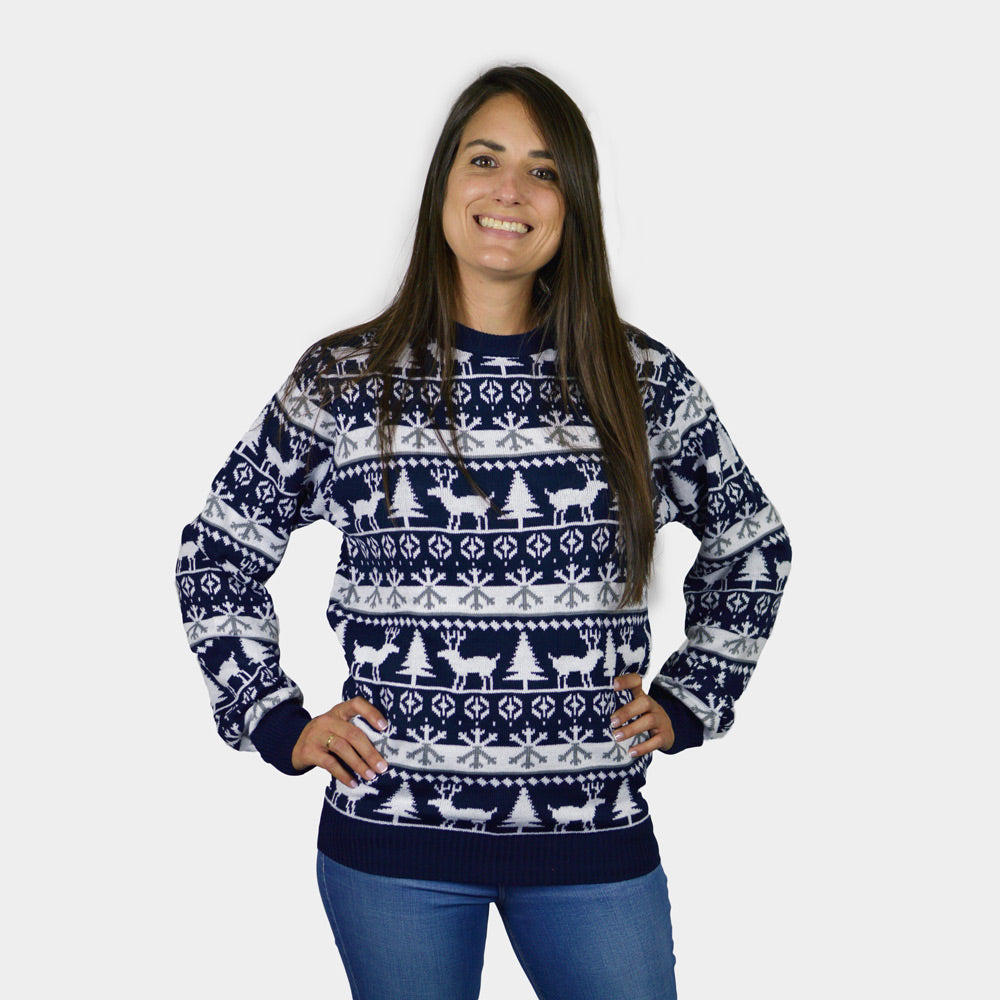 Sweter Świąteczny w Paski z Reniferami i Choinkami Damskie