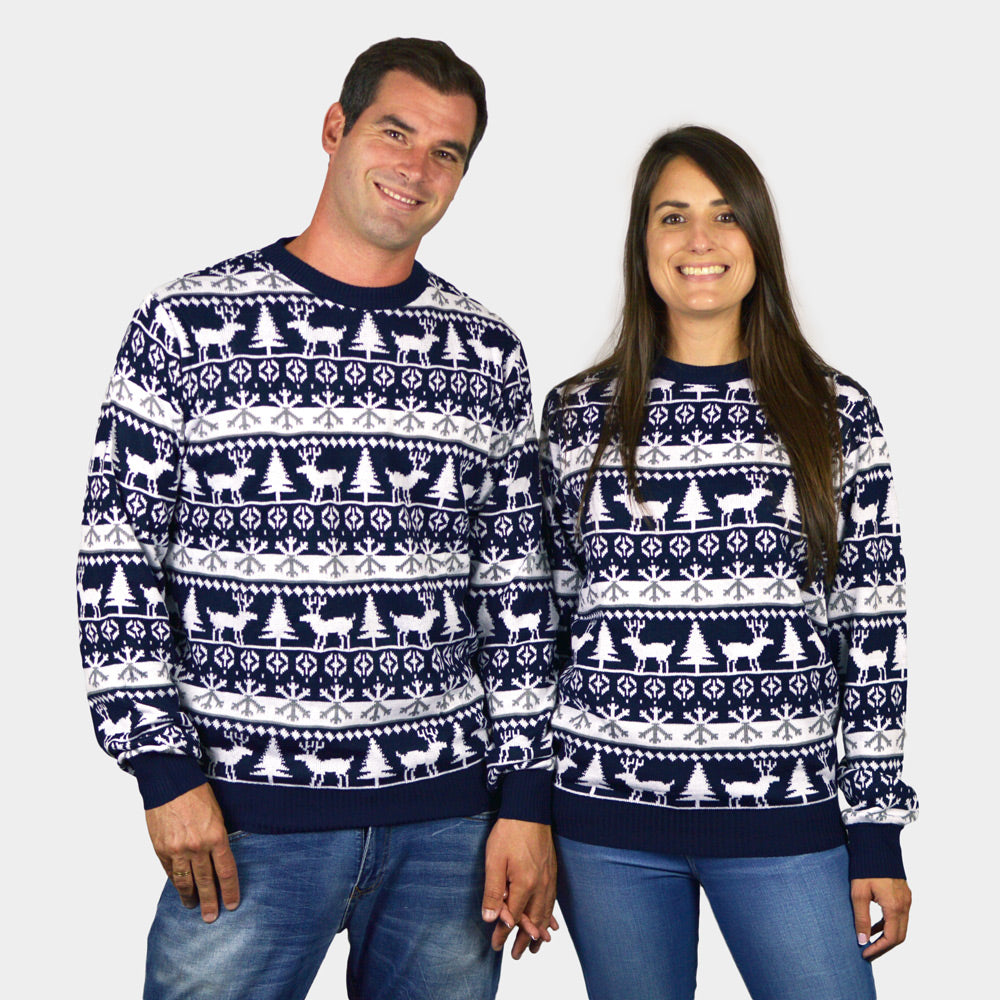Sweter Świąteczny w Paski z Reniferami i Choinkami pary