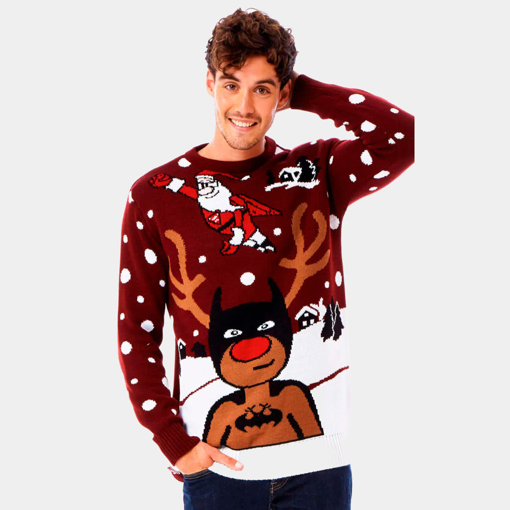 Sweter Świąteczny z Reniferem Batman i Świętym Mikołajem Superman meskie