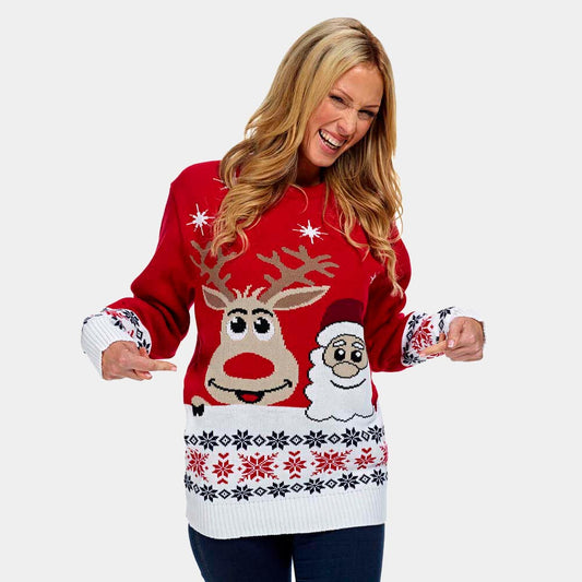 Sweter Świąteczny ze Uśmiechnięte Świętym Mikołajem i Reniferem 2021 damskie