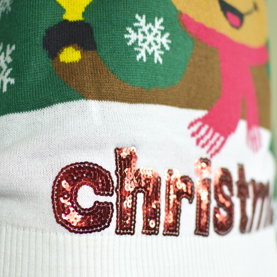 Zielony Rodzinny Sweter Świąteczny Holly Jolly Cekiny Szczegół