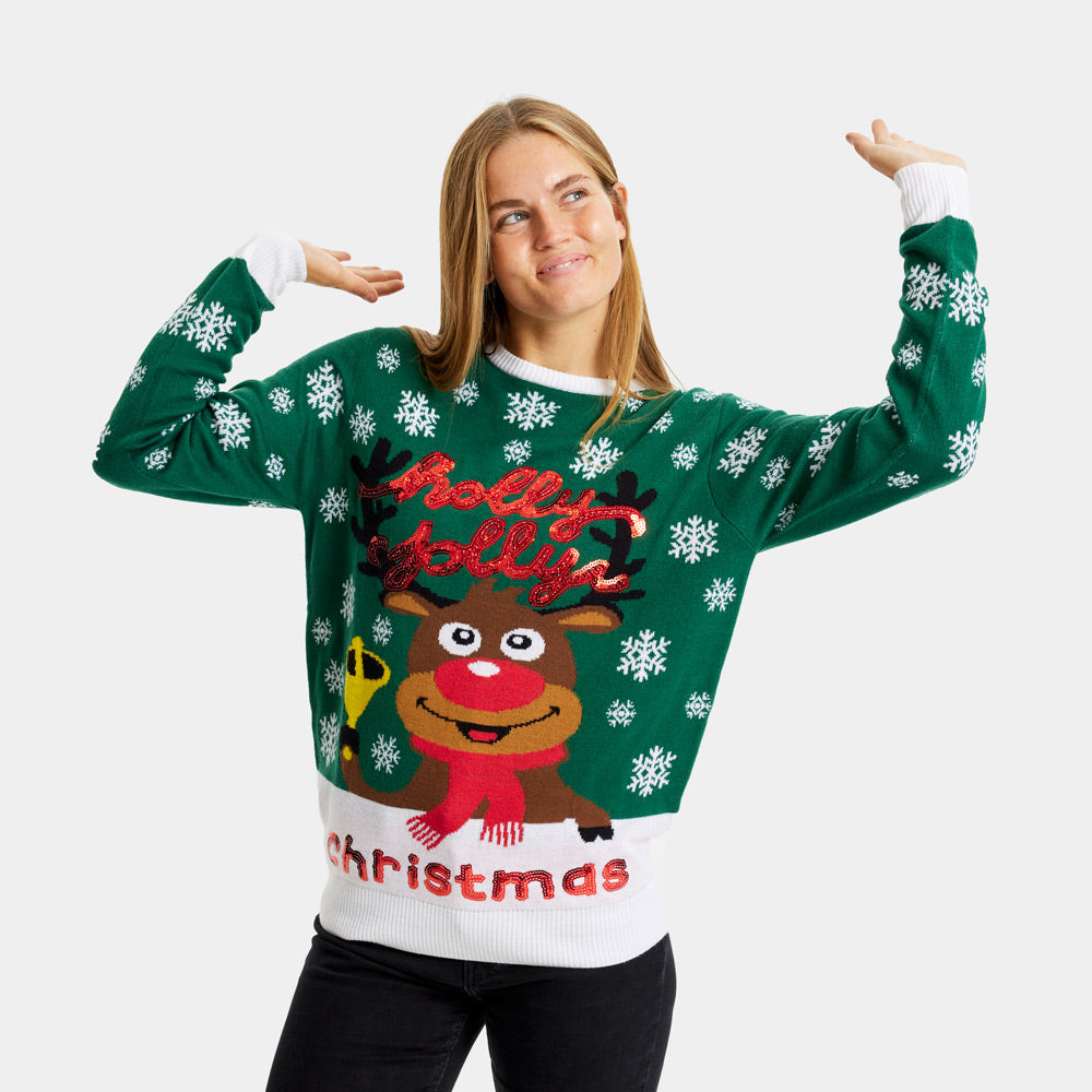 Zielony Sweter Świąteczny Holly Jolly Cekiny Damskie