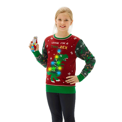 Sweter Świąteczny dla Dzieci z Lampkami LED Christmas Tree-Rex dziewczat
