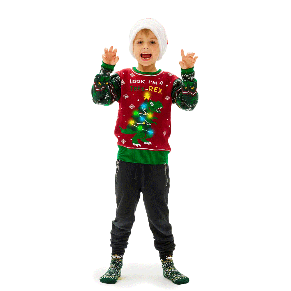 Sweter Świąteczny dla Dzieci z Lampkami LED Christmas Tree-Rex chlopiec