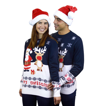 Niebieski Rodzinny Sweter Świąteczny z Bawełny Organicznej ze ŚW Mikołaj i Rudolfem pary