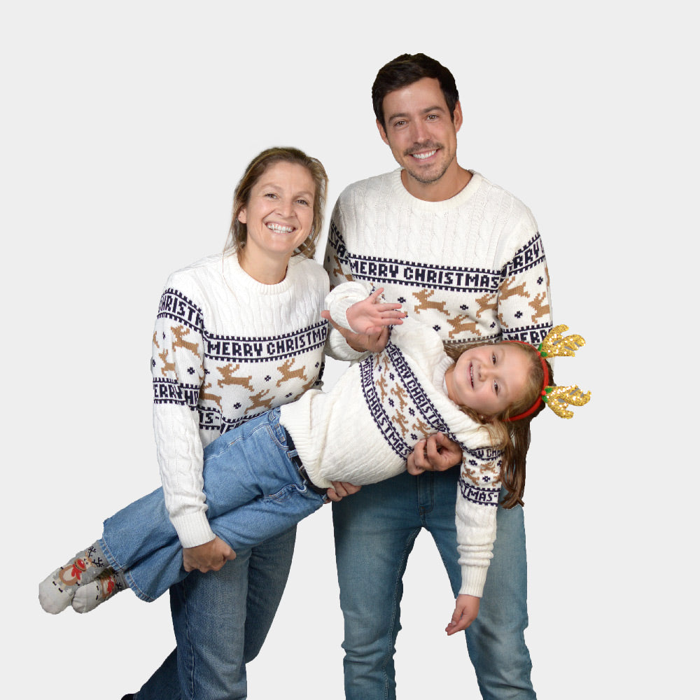 Biały rodziny Sweter Świąteczny dla Dzieci Bawełny Organicznej Elegancki z Reniferami