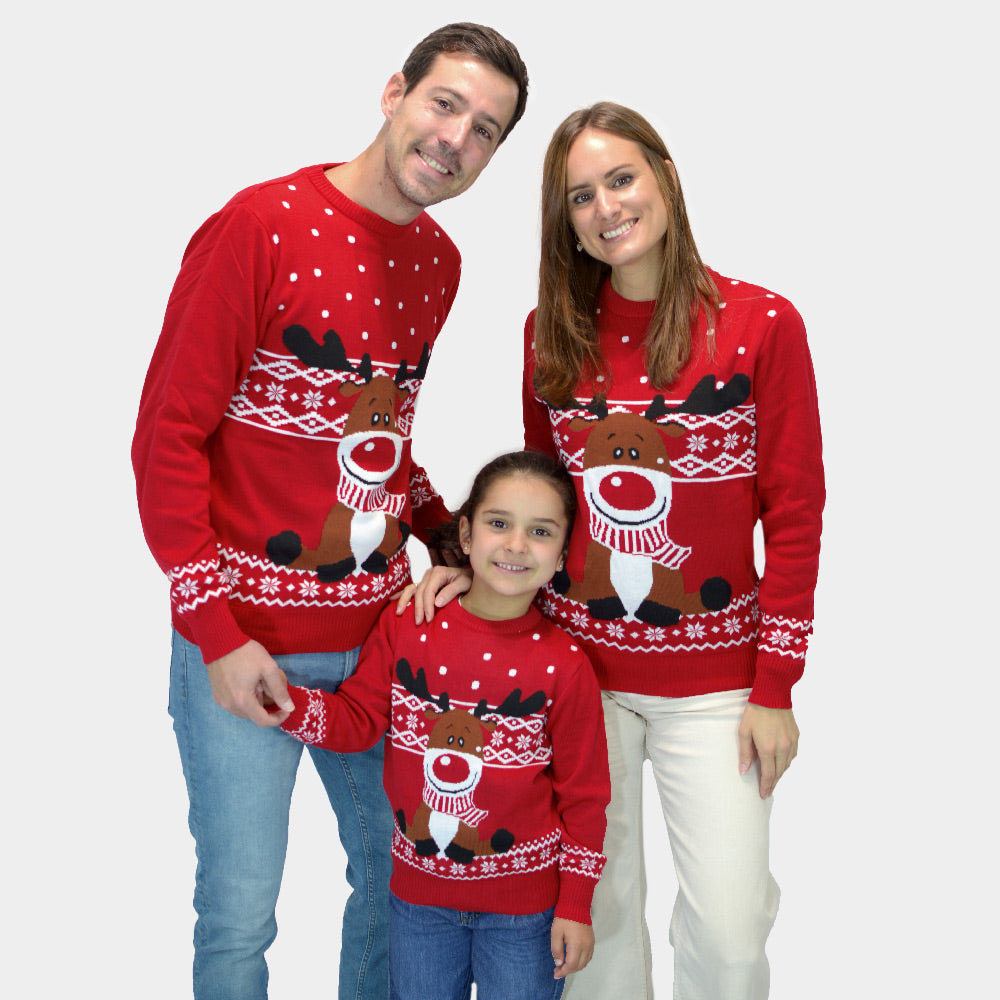Rodzinny Sweter Świąteczny Czerwony z Reniferem Rudolph z Szalikiem