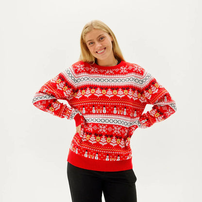 Czerwony Rodzinny Sweter Świąteczny Bawełny Organicznej Bałwankiem i Choinkami kobiet