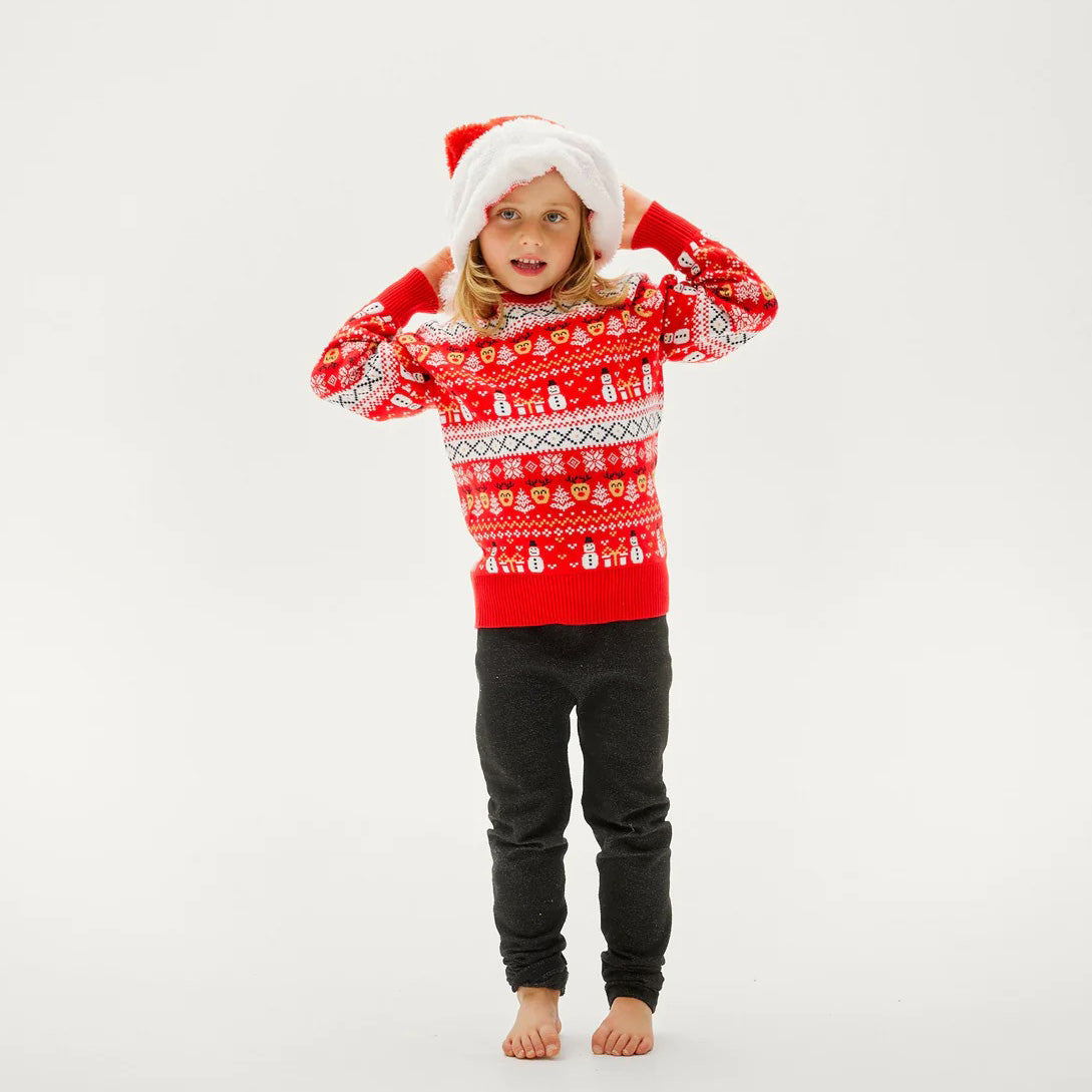 Czerwony Rodzinny Sweter Świąteczny Bawełny Organicznej Bałwankiem i Choinkami dzieci