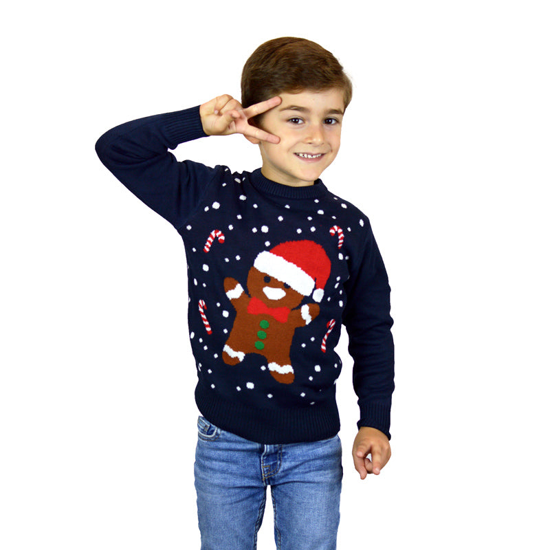 Niebieski Sweter Świąteczny dla Dzieci z Piernikowym Ludzikiem