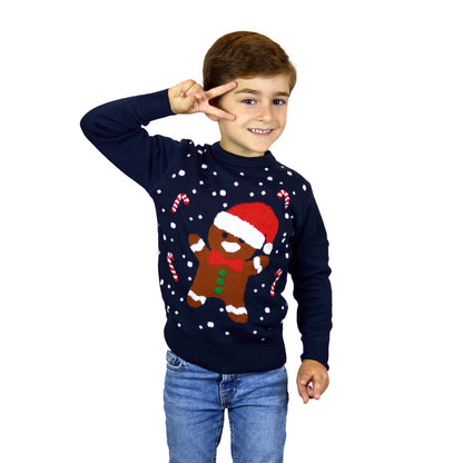 Niebieski Sweter Świąteczny dla Dzieci z Piernikowym Ludzikiem