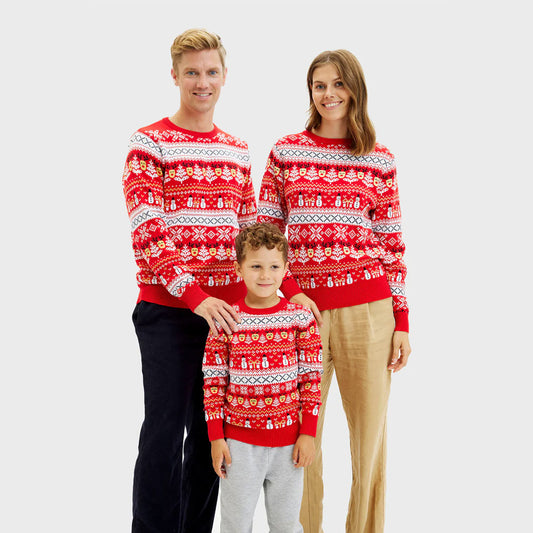 Czerwony Rodzinny Sweter Świąteczny Bawełny Organicznej Bałwankiem Choinkami
