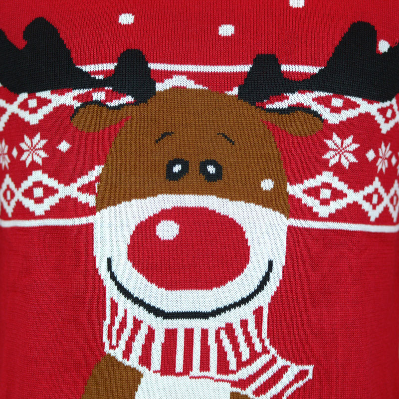 szczegół Czerwony Rodzinny Sweter Świąteczny z Reniferem Rudolph z Szalikiem szczegół