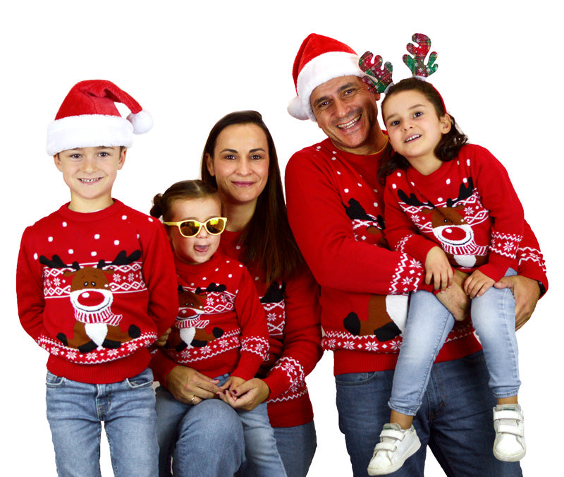 Czerwony Rodzinny Sweter Świąteczny z Reniferem Rudolph z Szalikiem