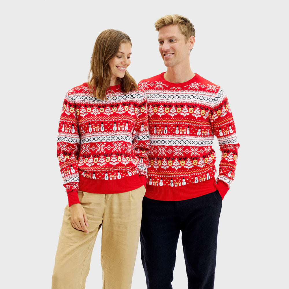 Czerwony Sweter Świąteczny Męskie Damskie Bawełny Organicznej Bałwankiem Choinkami
