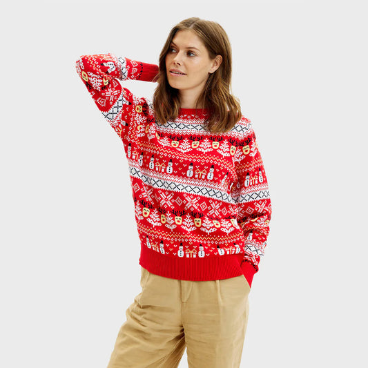 Czerwony Sweter Świąteczny Damskie Bawełny Organicznej Bałwankiem Choinkami
