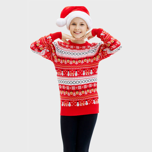 Czerwony Sweter Świąteczny dla Dzieci Bawełny Organicznej Bałwankiem Choinkami
