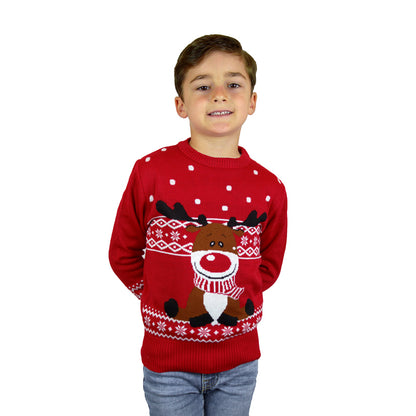 Czerwony Sweter Świąteczny dla Dzieci z Reniferem Rudolph z Szalikiem chlopiec