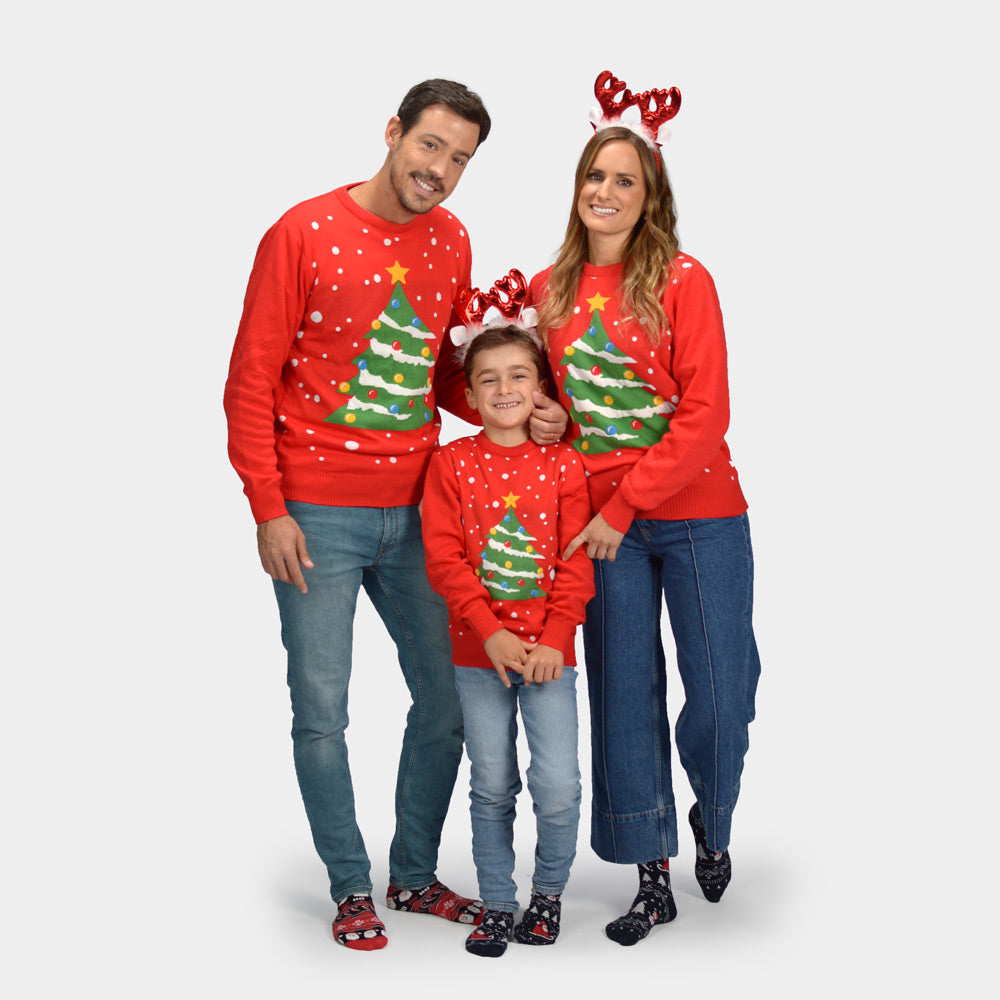 Czerwony Sweter Świąteczny Rodzinny dla Dzieci z Choinką
