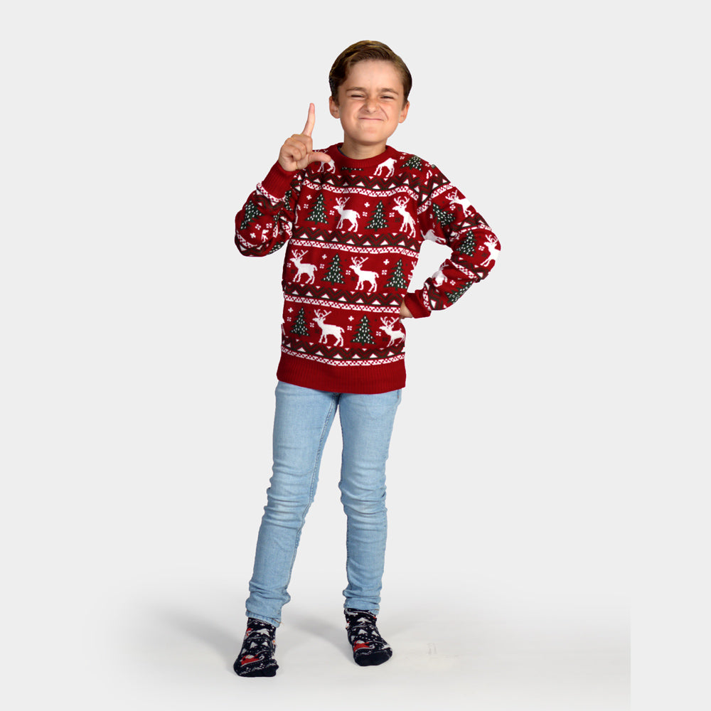 Czerwony Sweter Świątecznyz Choinkami i Reniferami  dla Dzieci 
