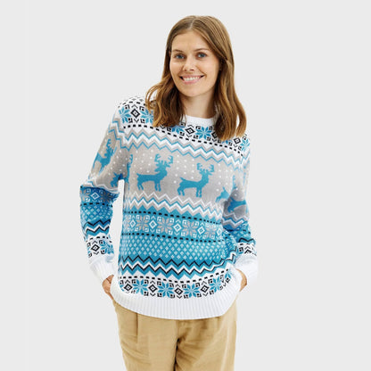 Niebieski Sweter Świąteczny Damskie Elegancki z Reniferami