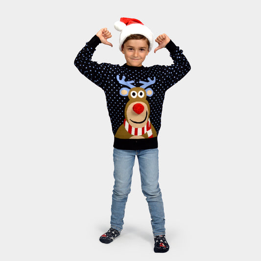 Niebieski Sweter Świąteczny dla Dzieci Rudolf Czerwononosy Renifer 3D
