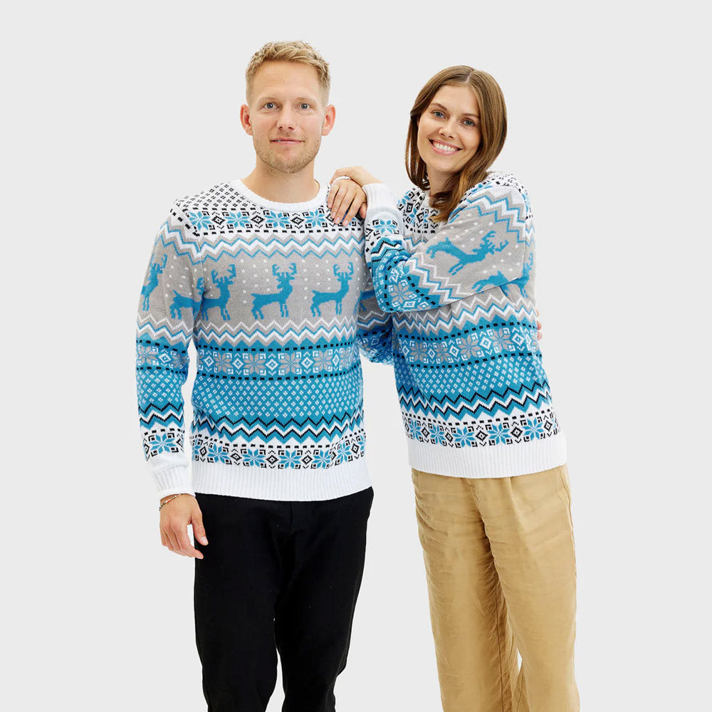 Niebieski Sweter Świąteczny Męskie Damskie Elegancki z Reniferami

