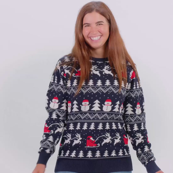 Niebieski Sweter Świąteczny Męskie Damskie Bawełny Organicznej Choinkami Bałwankiem ŚW Mikołaj