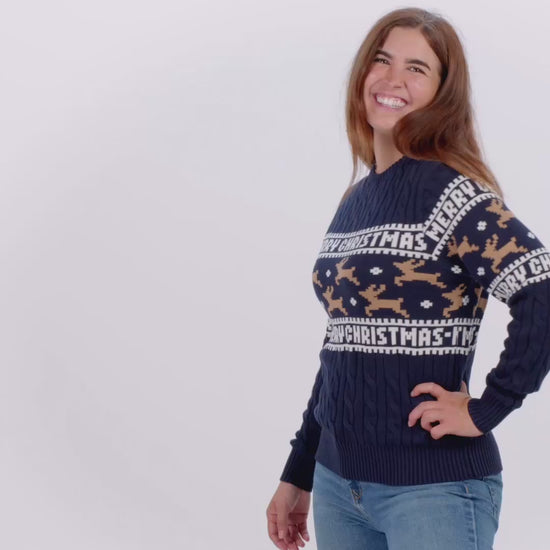 Niebieski Sweter Świąteczny Męskie Damskie Bawełny Organicznej Elegancki z Reniferami