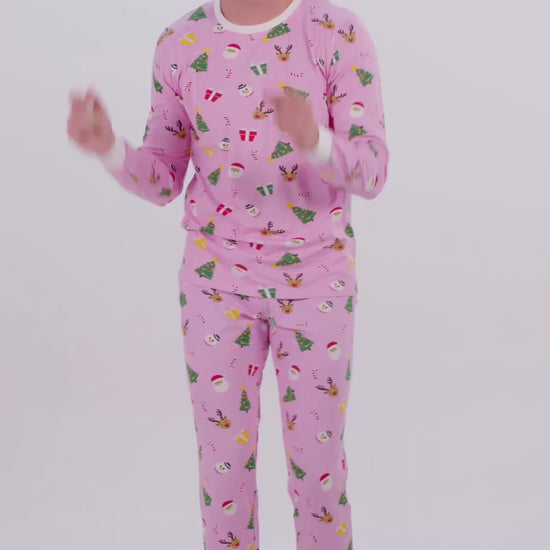 Różowa Piżama Świąteczna Unisex z Motywami Świątecznymi