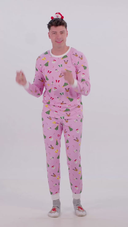 Różowa Piżama Świąteczna Unisex z Motywami Świątecznymi