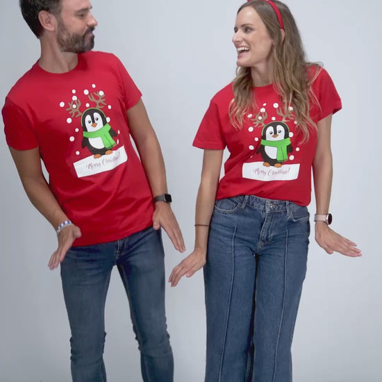 Czerwona Koszulka Świąteczna Unisex z Pingwinem